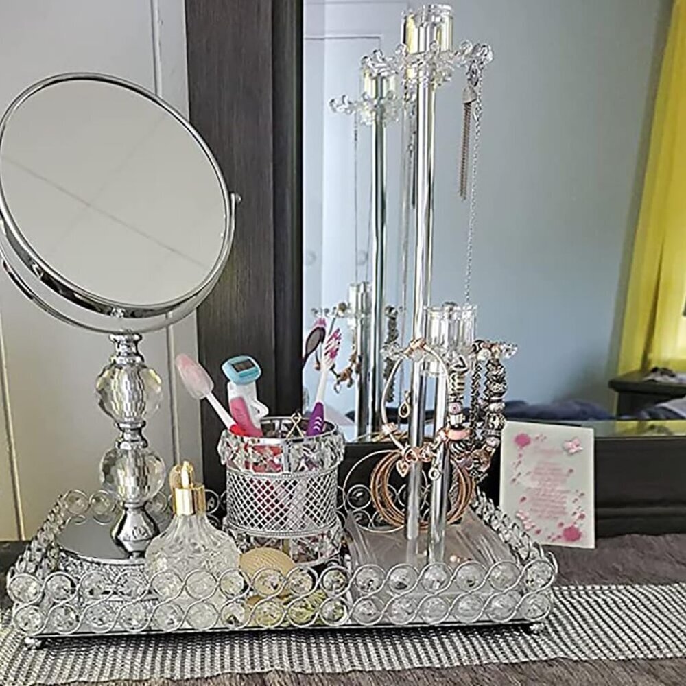 Crystal Cosmetic Makeup Tray, 12.3" x 8" Mirrored Vanity Tray, Large Jewelry Tri - Picture 2 of 6
